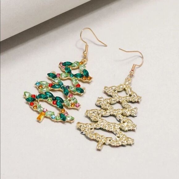 Holiday Crystal Rhinestone Christmas Tree Chandelier Drop Earrings - Picture 2 of 7